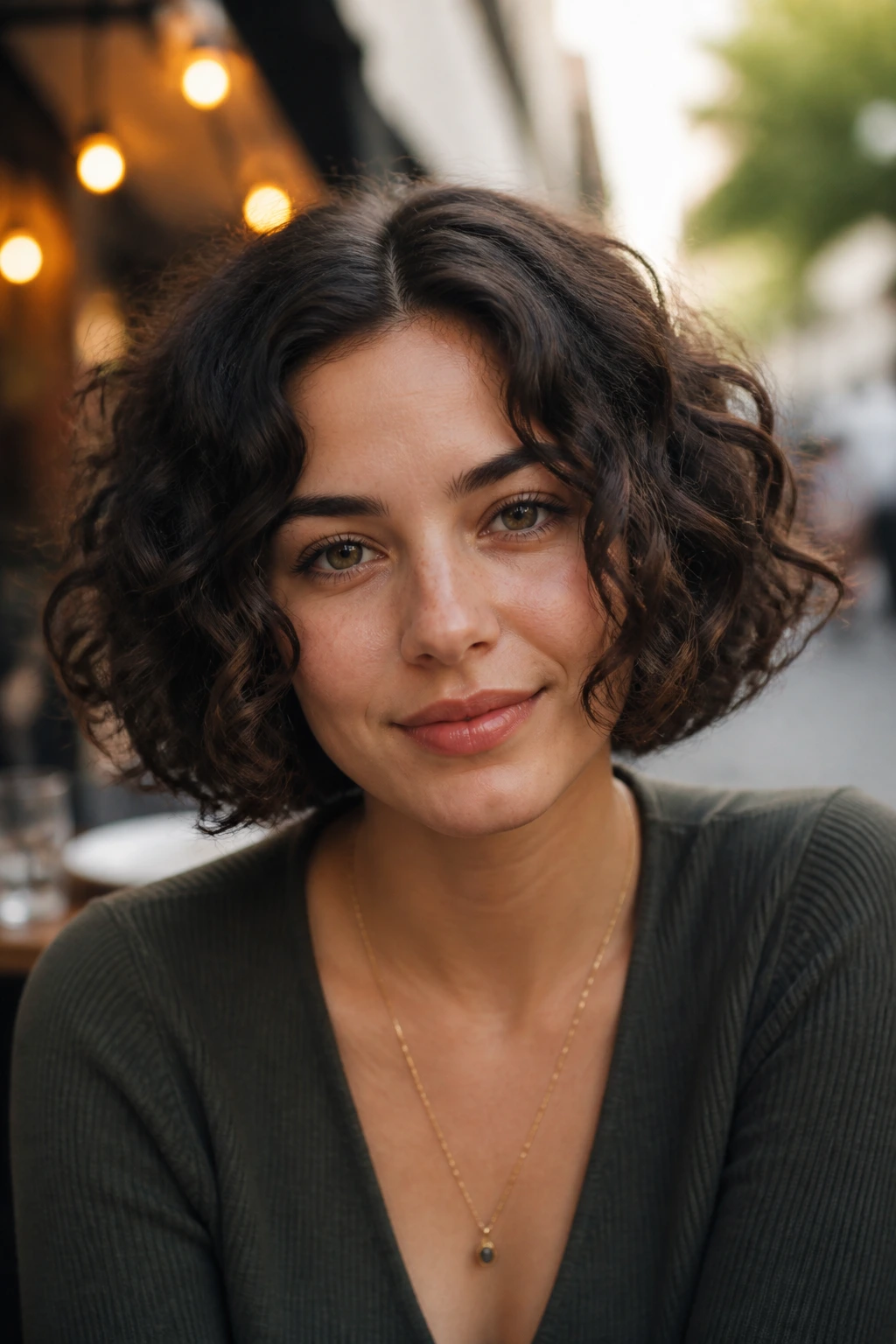Portrait of a woman with center-part curly bob and balanced volume.