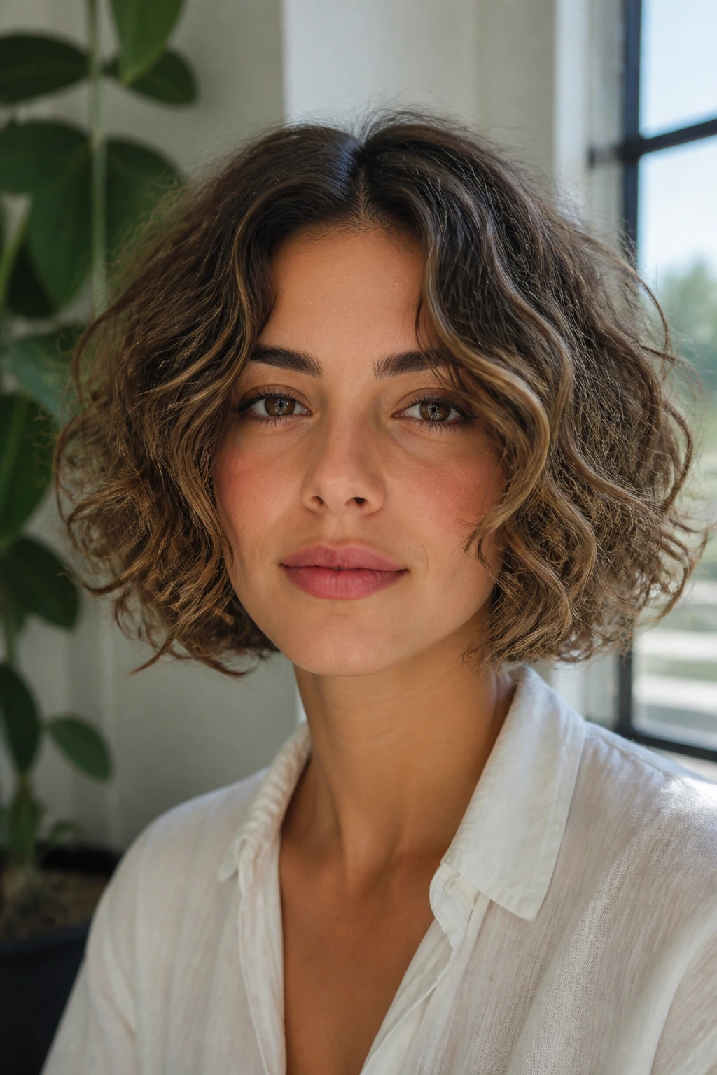 Real person with center-part airy curly bob and fine caramel veils.