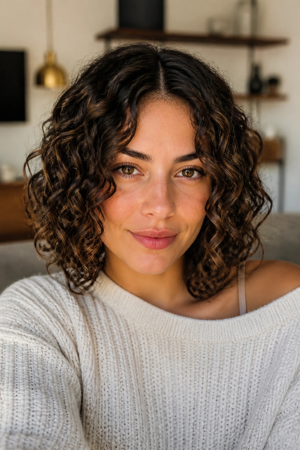 Close-up portrait of a woman with center-part curly lob