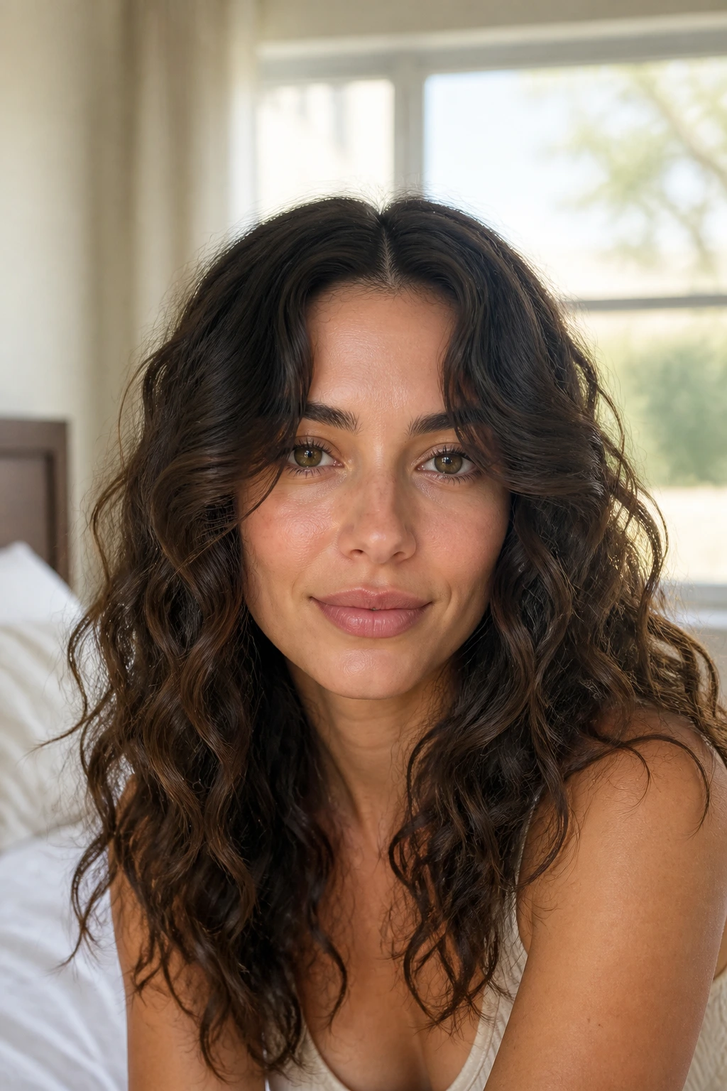 Close-up of a real woman with center-part curtain layers