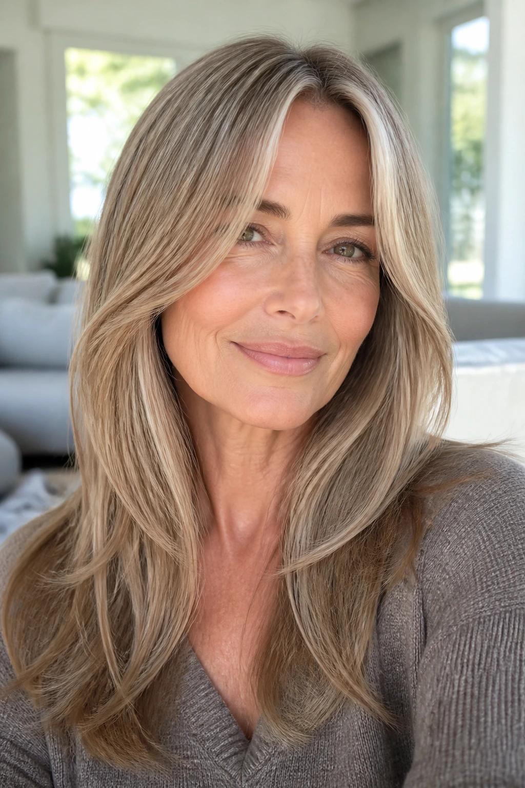 Close-up of a woman with a center-parted long style and soft curtain bangs