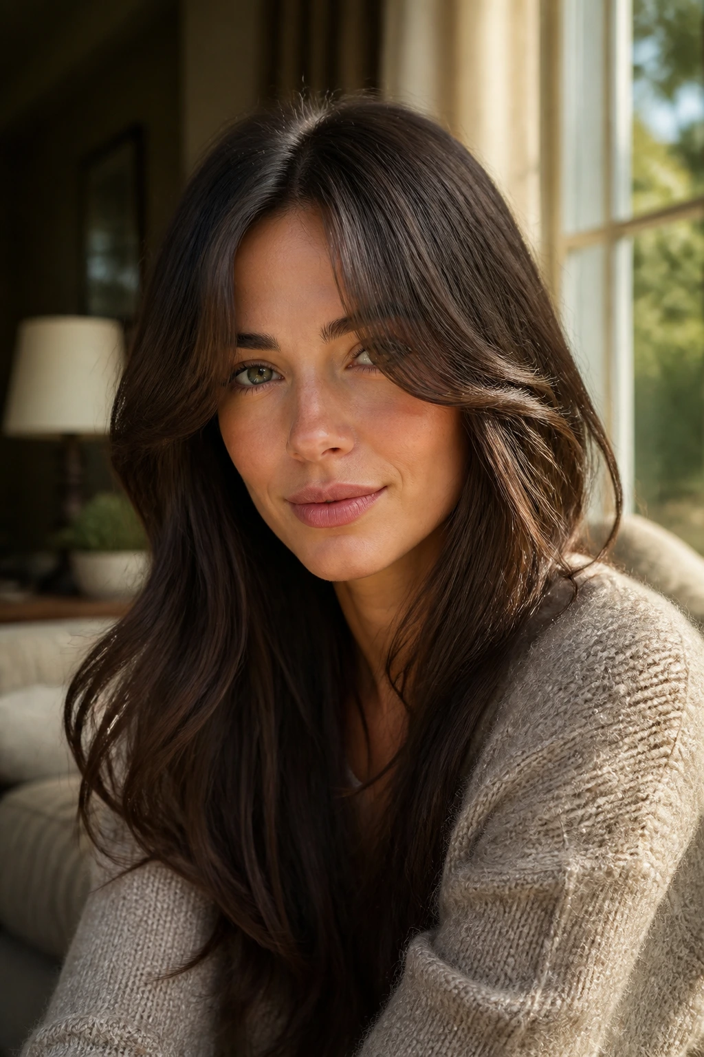 Portrait of a woman with center-part feathered curtain bangs.