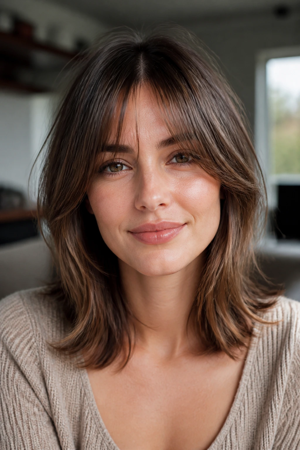 Close-up of a real woman with center-part curtain layers and brow-skimming bangs