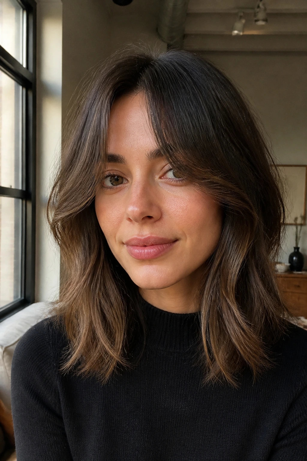 Close-up portrait of a real person with center-part curtain bangs and textured layers