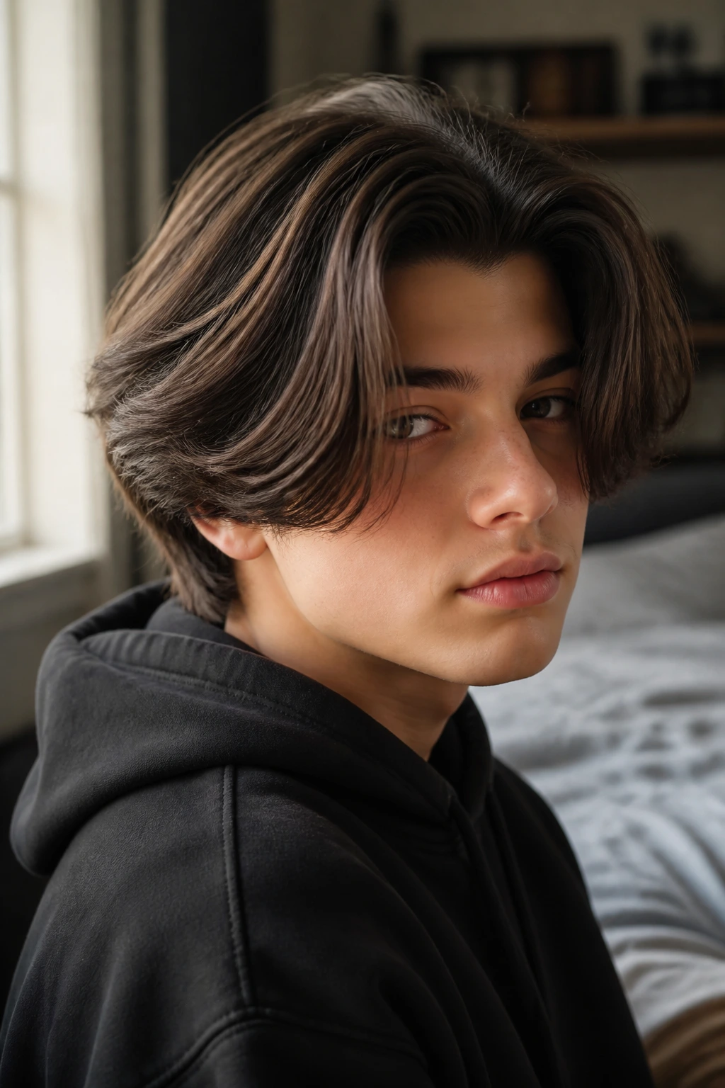 Close-up portrait of boy with center-part curtain bob in bedroom window light