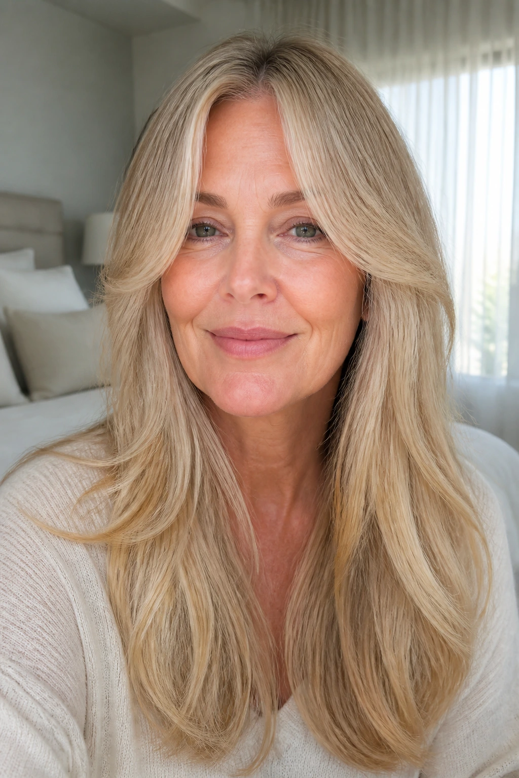 Portrait of woman with center-parted long blonde hair and curtain fringe