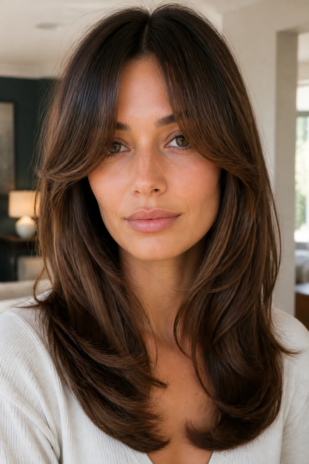 Real person with center-part curtain fringe and C-shaped face-framing layers
