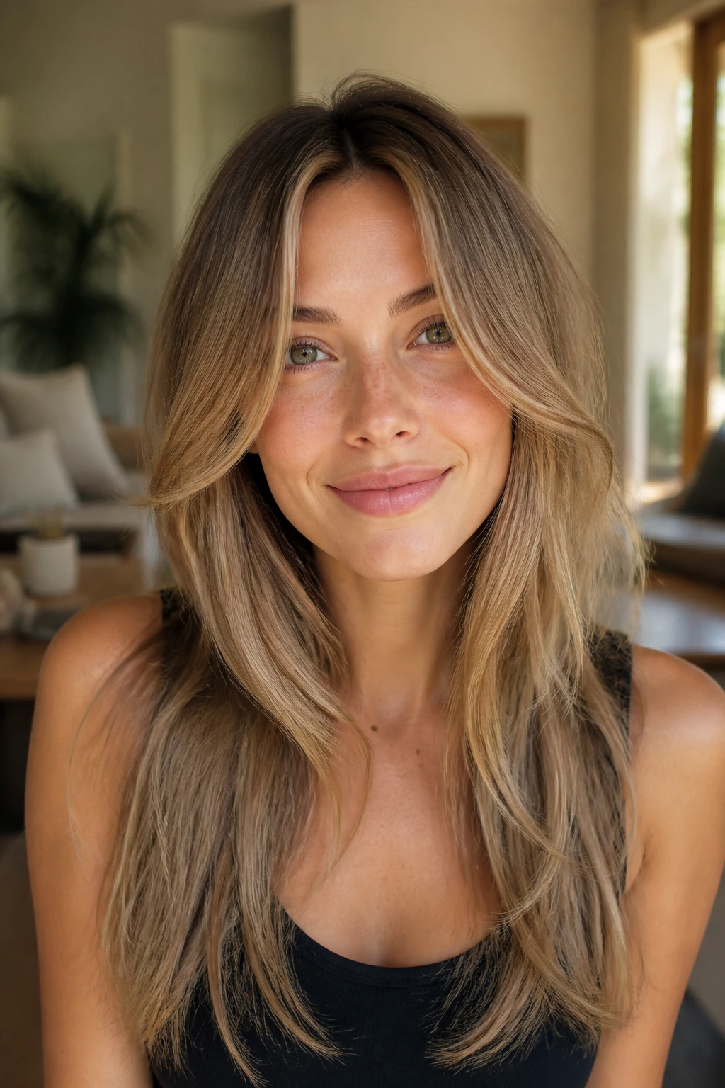 Close-up portrait of a person with center-part curtain layers framing the cheeks