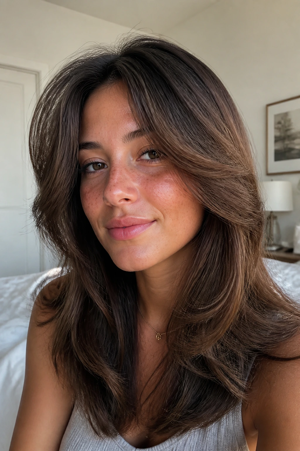 Close-up of a real woman with center-parted curtain sweep and soft face-framing layers