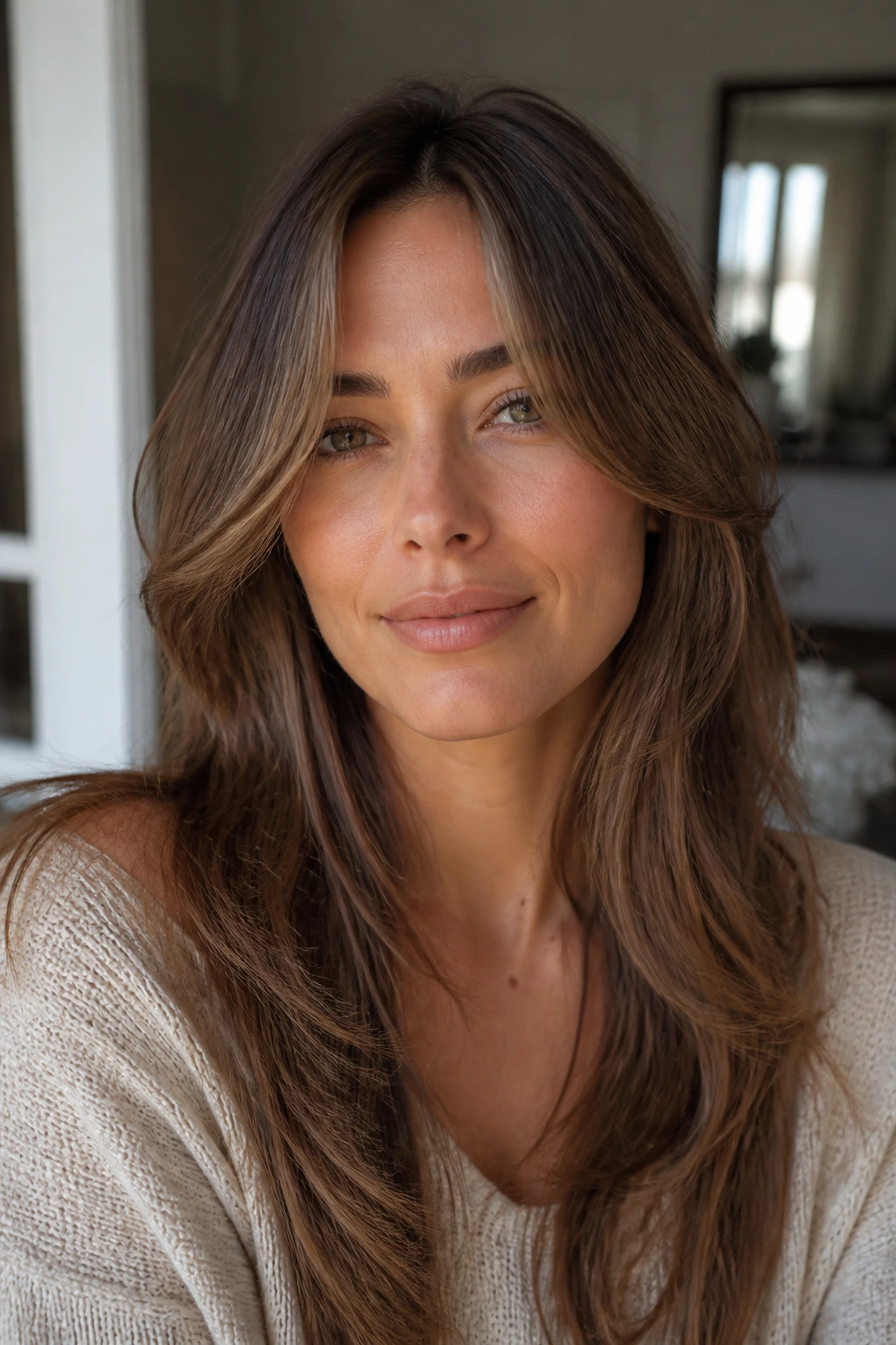 Close-up portrait of a real woman with soft center-part curtain sweep