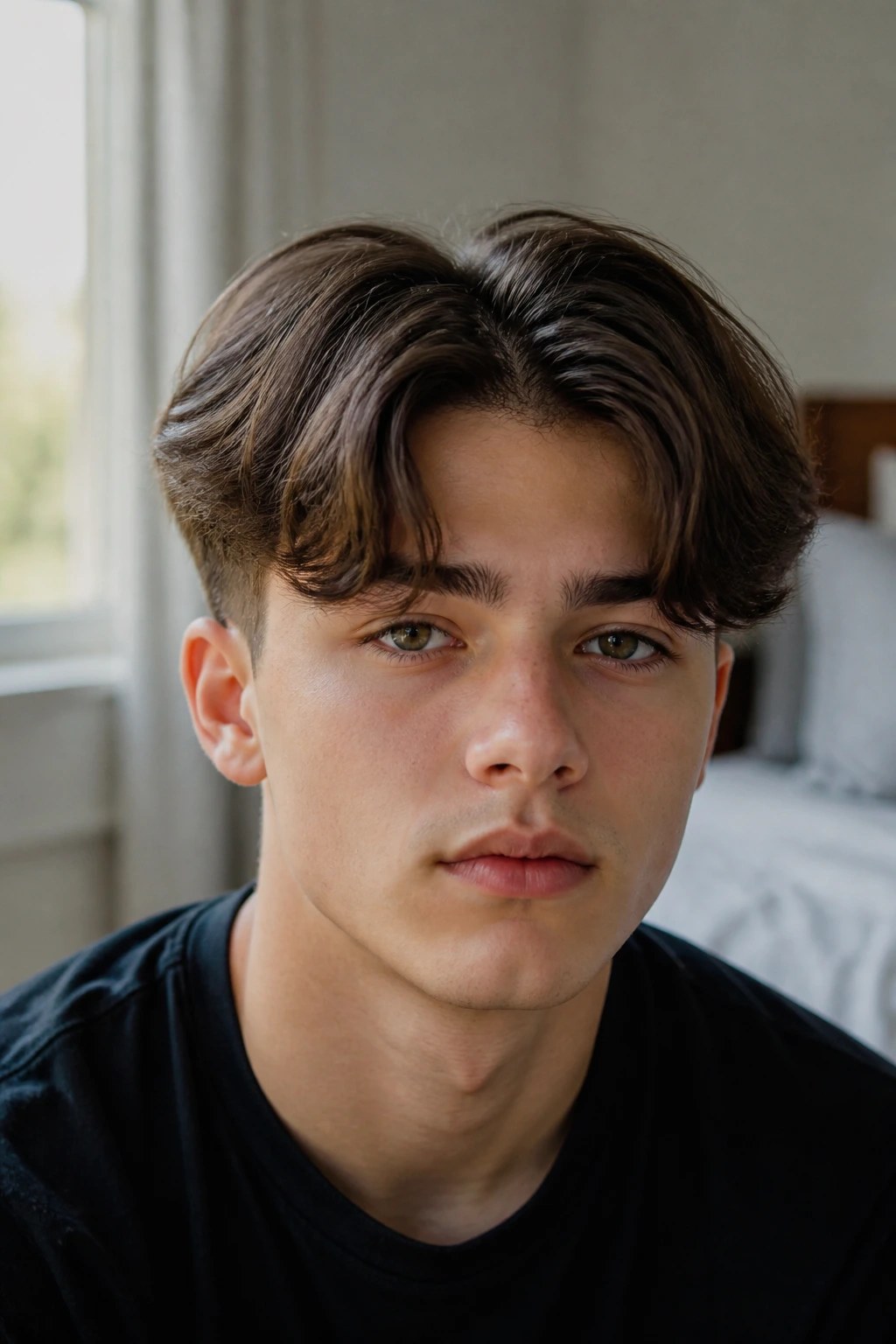Close-up portrait of a boy with center-part curtain undercut and thick top fringe