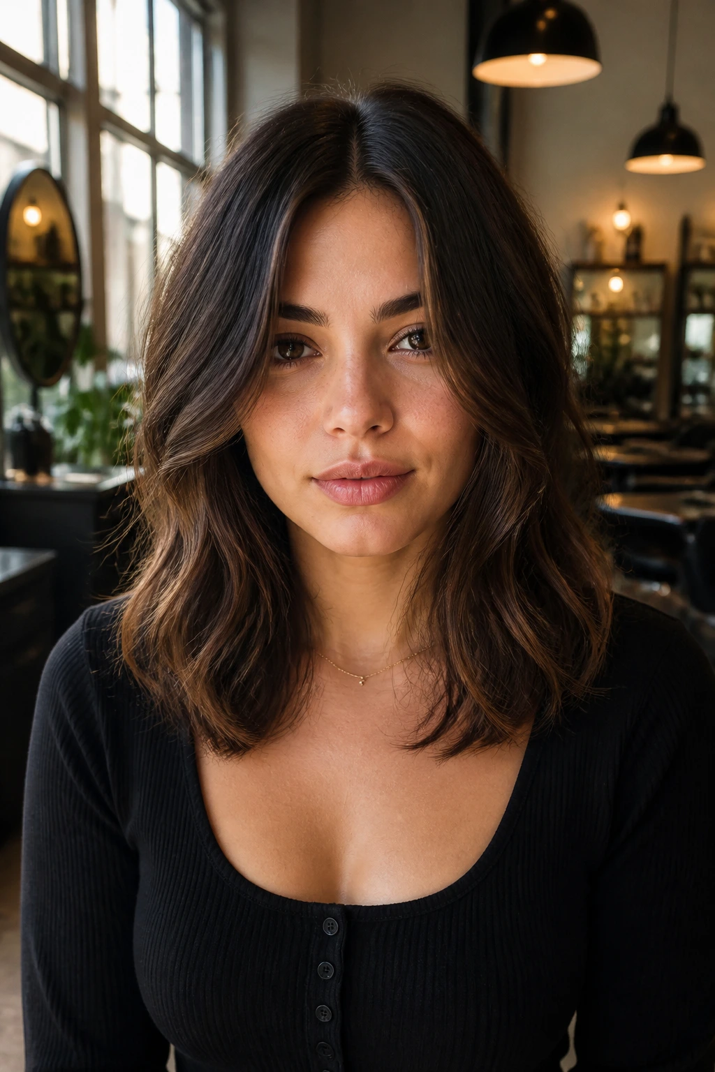 Close-up of a real woman with a center-part and long cheekbone curtains