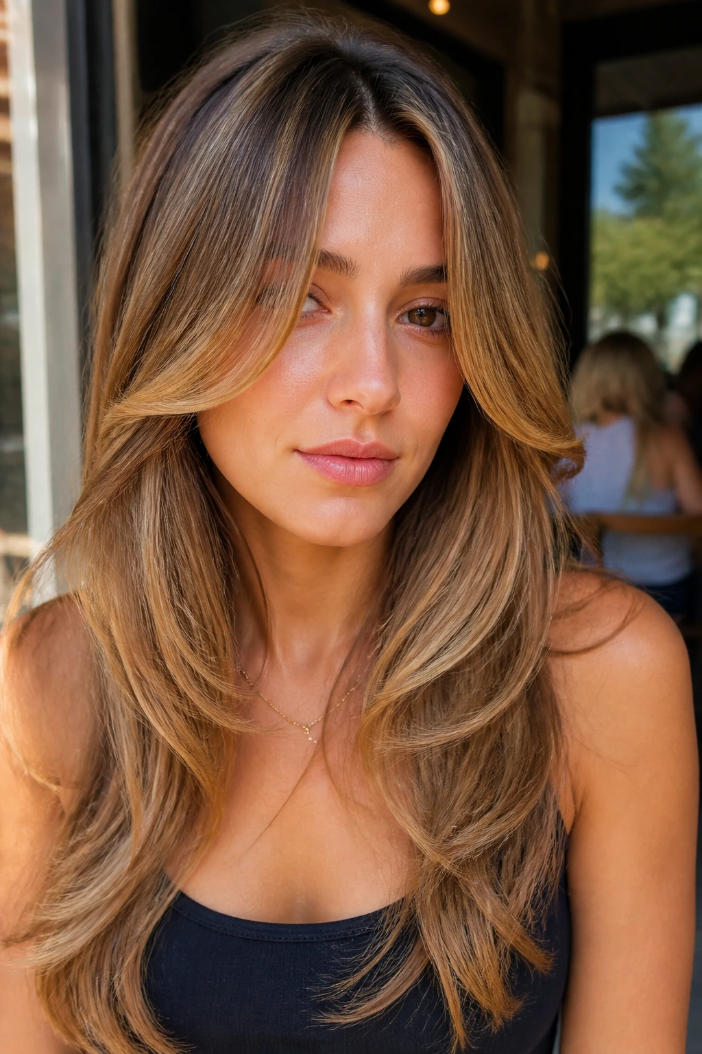 Real woman with center-part curtain layers and long wings framing the face