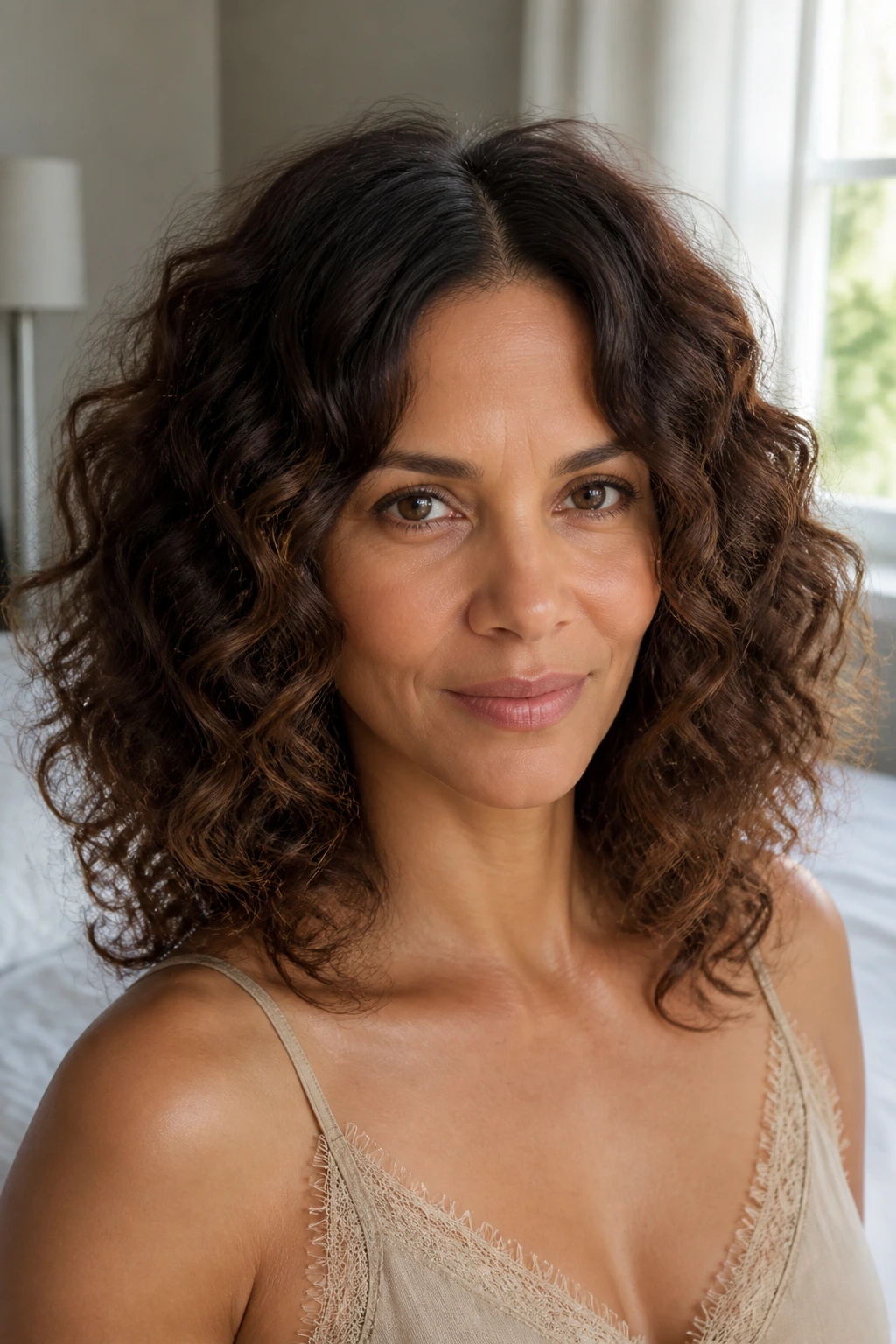 Close-up portrait of a real woman with diffused volume and a center part.