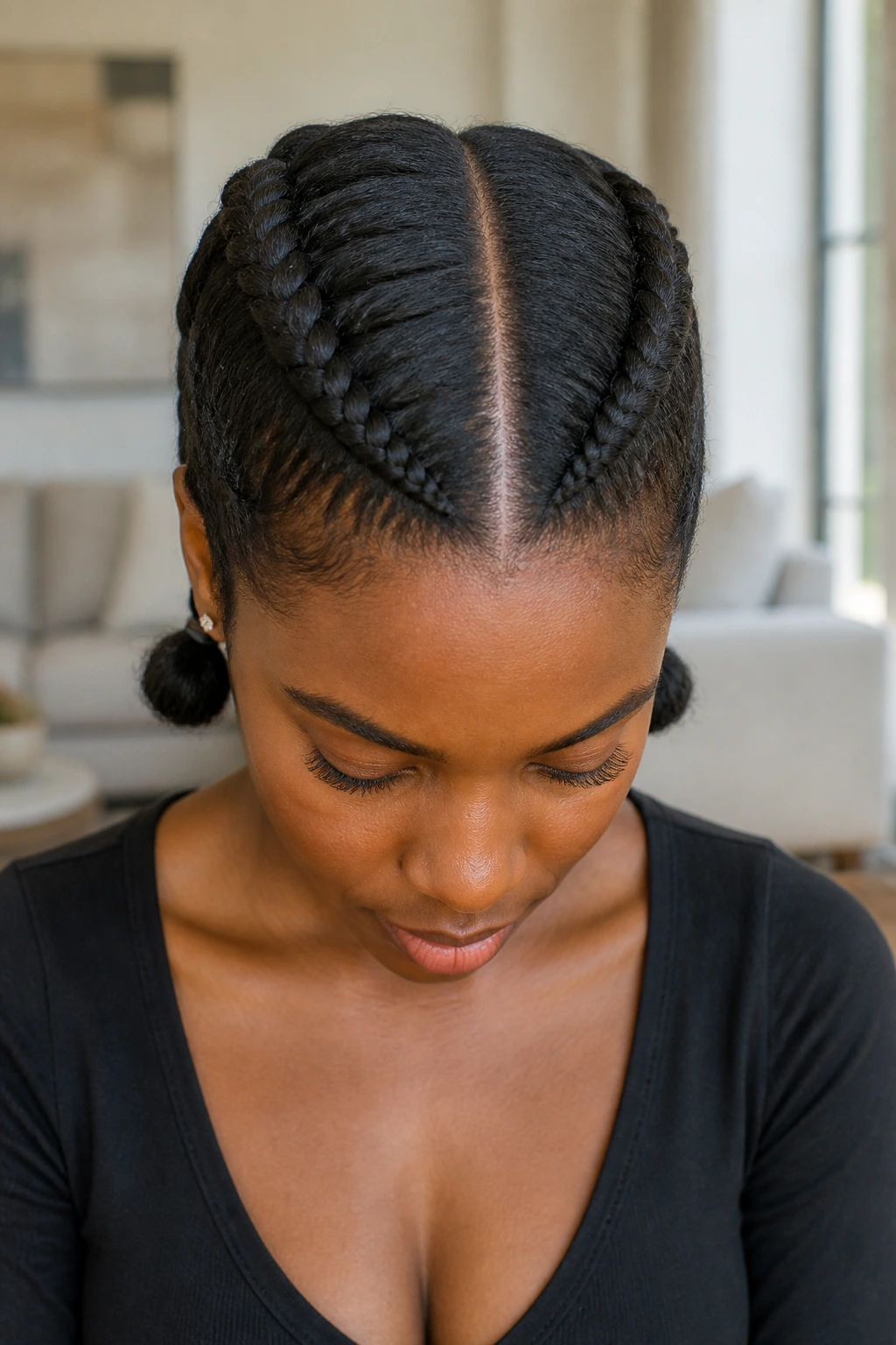 Medium close-up of center-part twin Dutch braids with tucked ends on real person
