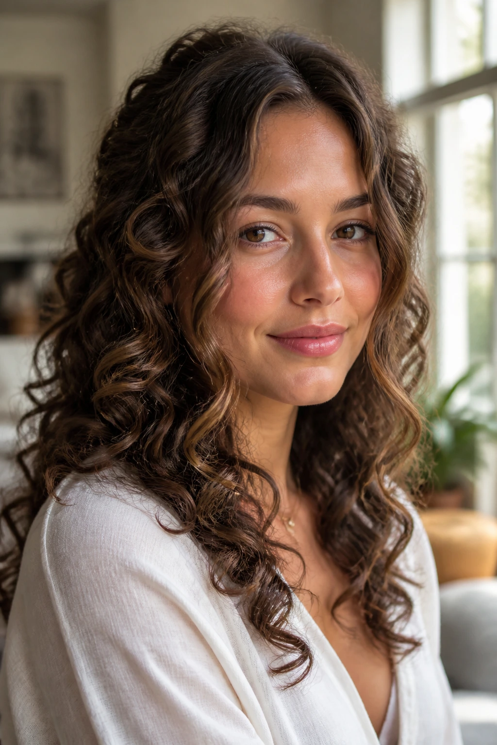 Close-up portrait of a real woman with a center-part face-frame hairstyle in window light.