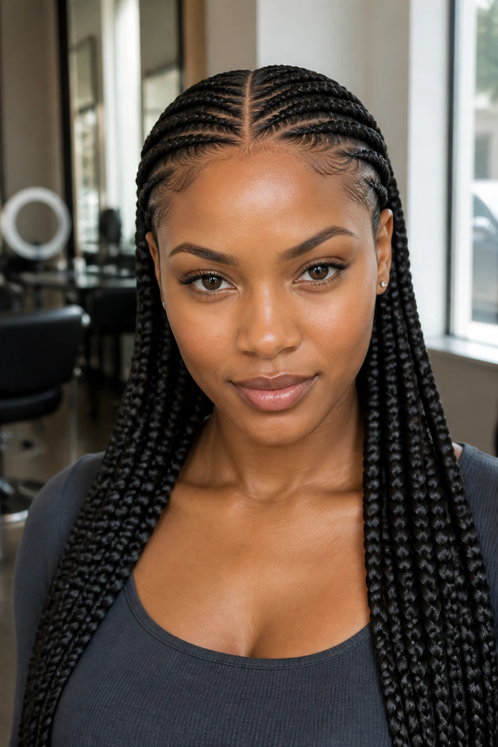 Portrait of a person with sleek center-part feed-in braids in a sunny salon setting