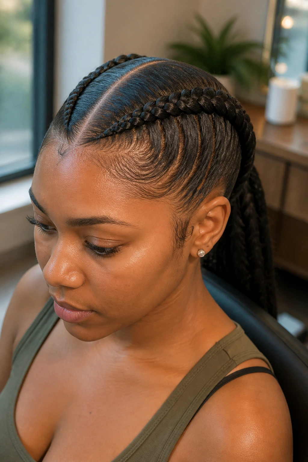 Close-up of a real woman with center-part feed-in braids forming a ponytail under natural light