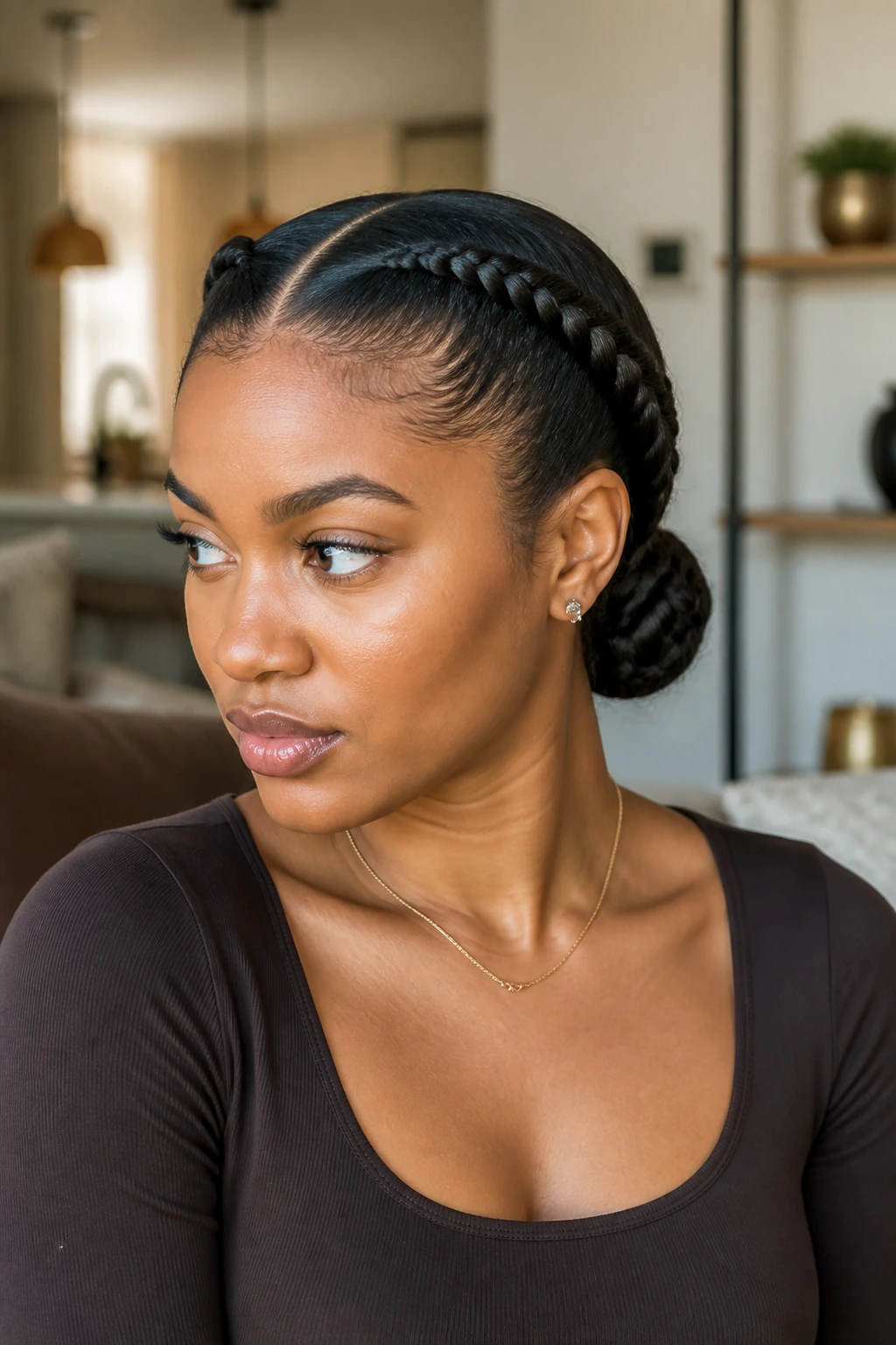 Close-up of center-part French braids forming a low bun at the nape