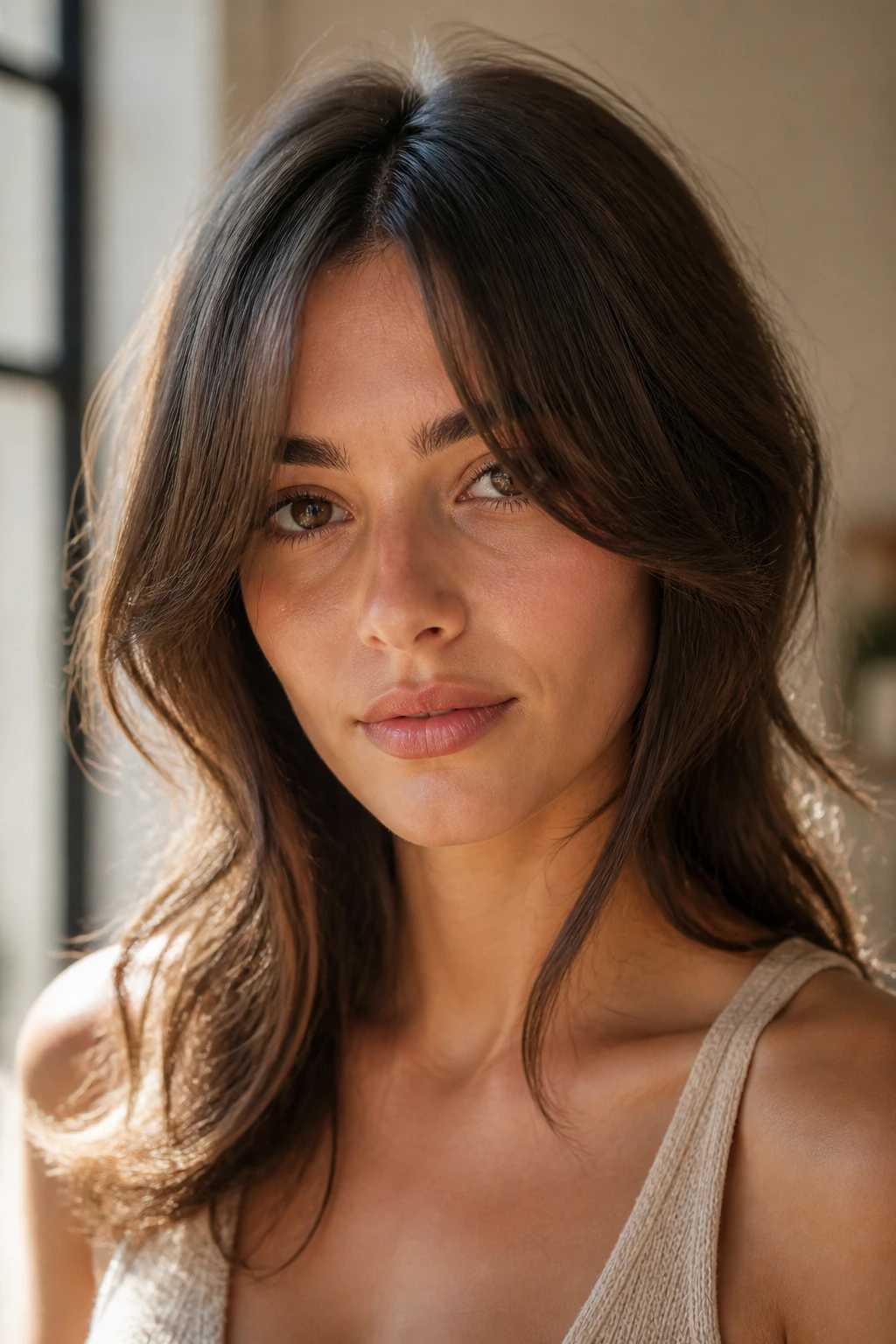Center-part fringe framing the face on a real woman.