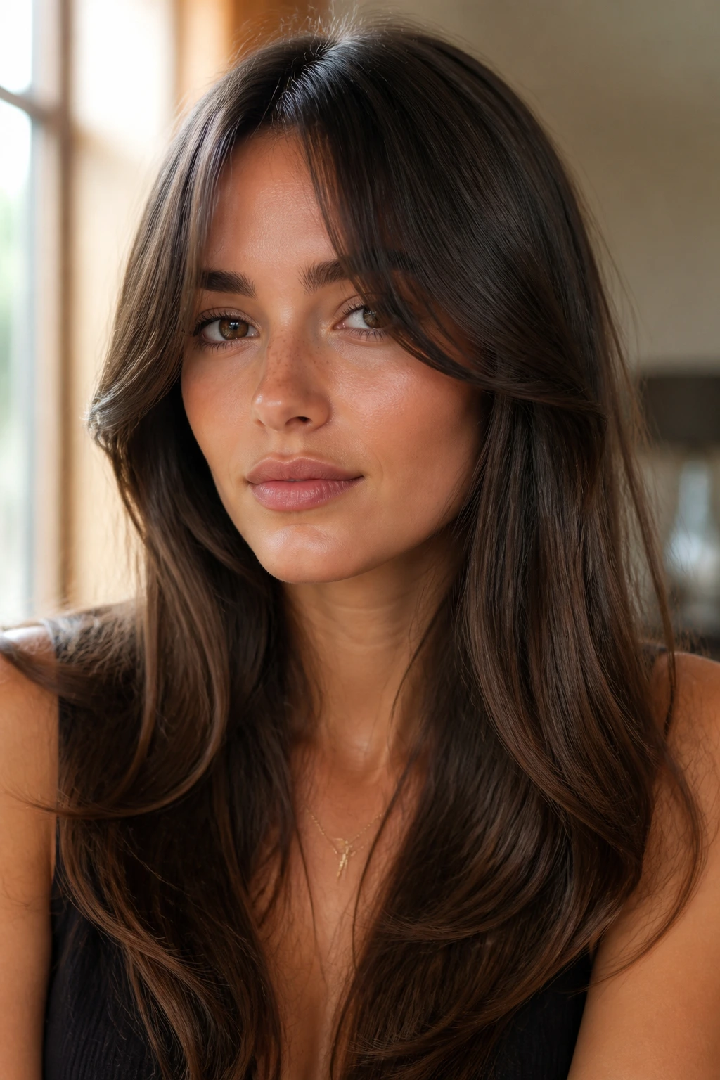 Close-up portrait of a real person with center-part fringe blending into layered front pieces.