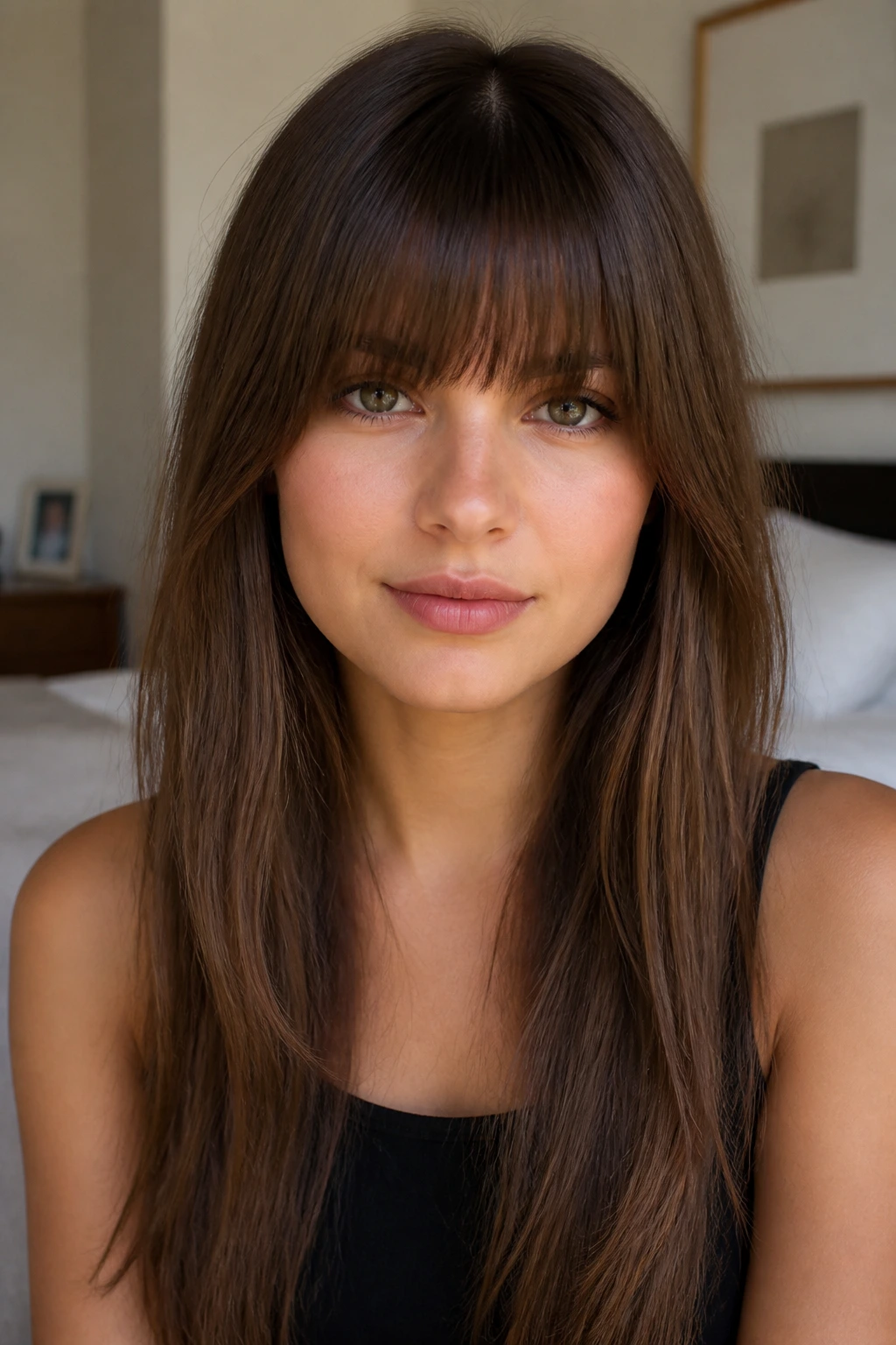 Close-up of a real person with a solid fringe and center-parted lengths in natural light