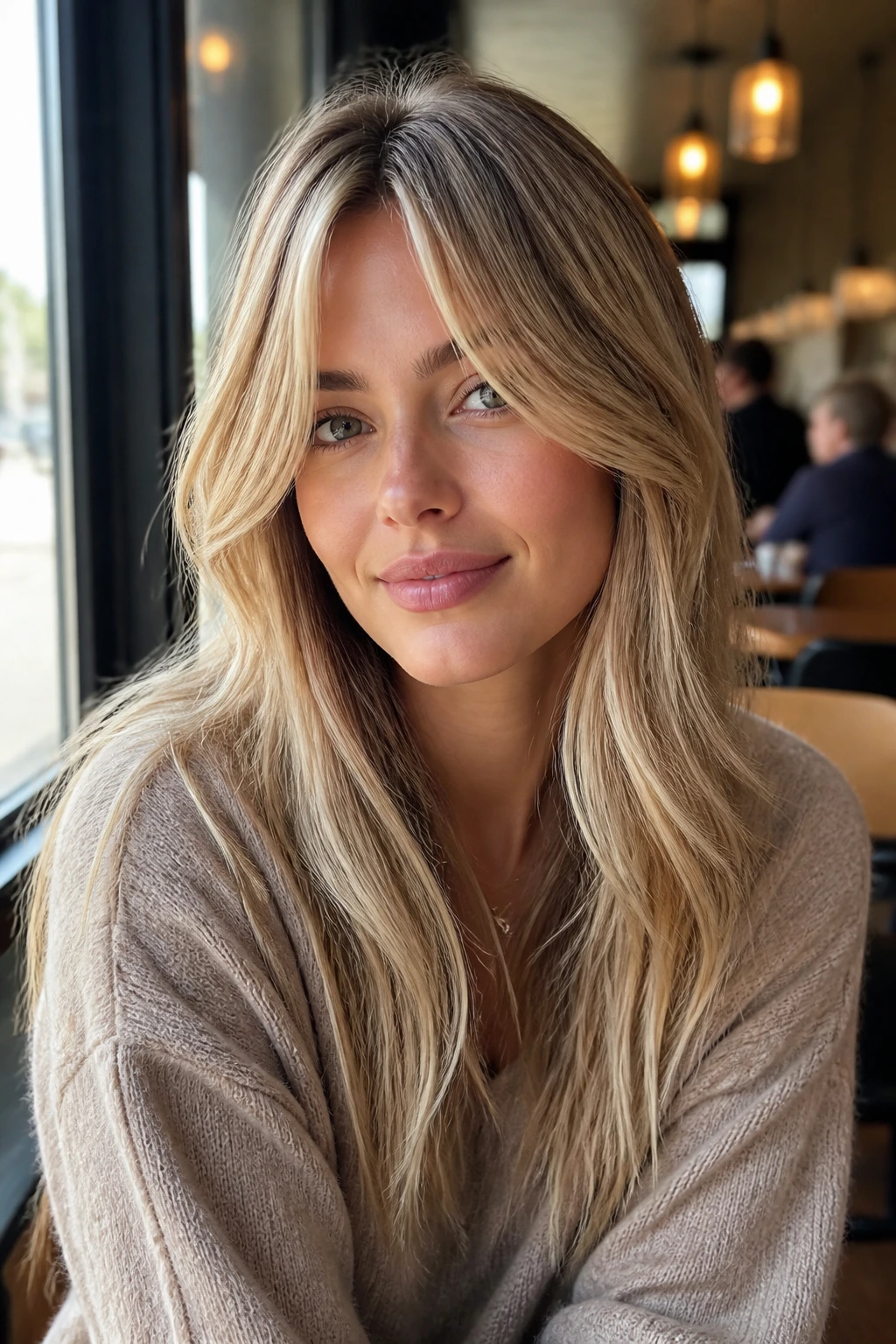 Close-up of center-part fringe with soft mirror shine and babylights on a real woman.