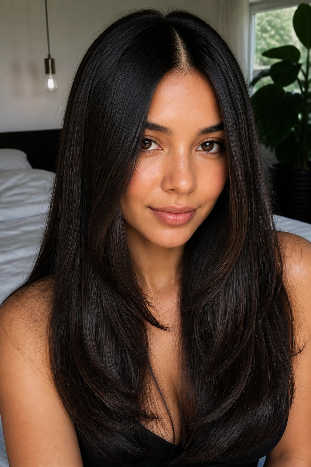 Close-up portrait of a real woman with center-part glassy layered hair