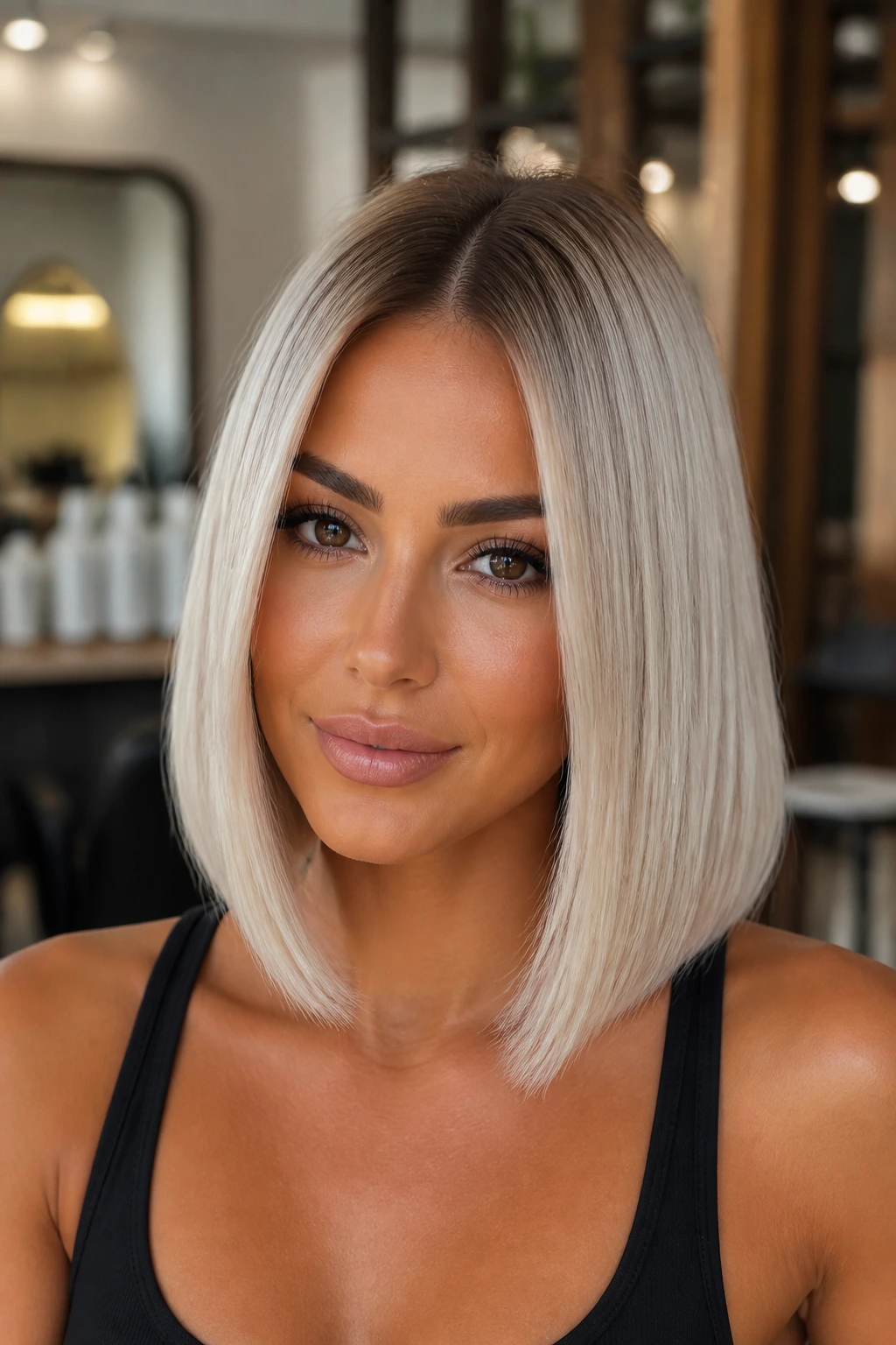 Portrait of a real woman with center-part glass lob and smoke-soft root on tan skin