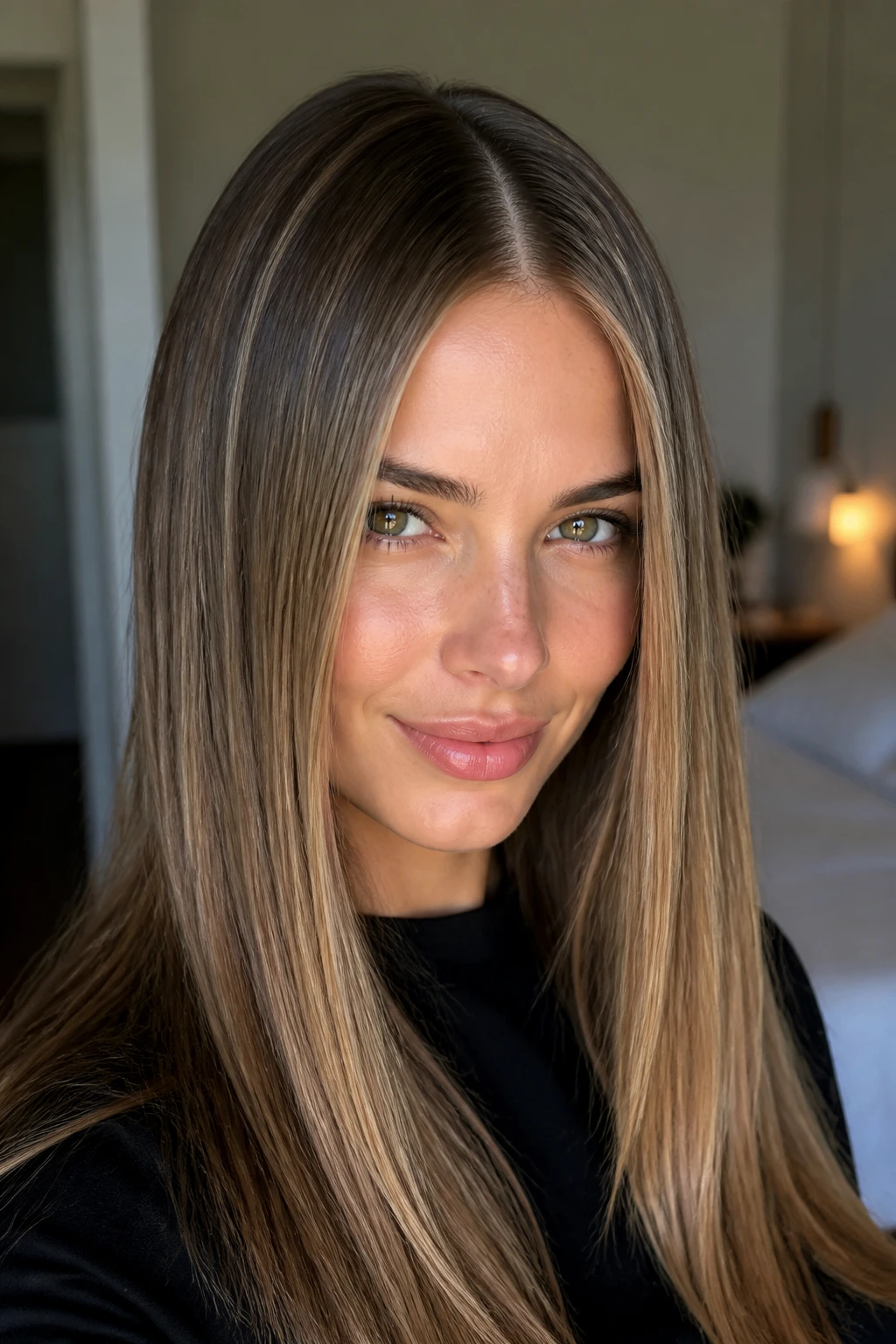 Close-up of center-part glass straight hair on a real person