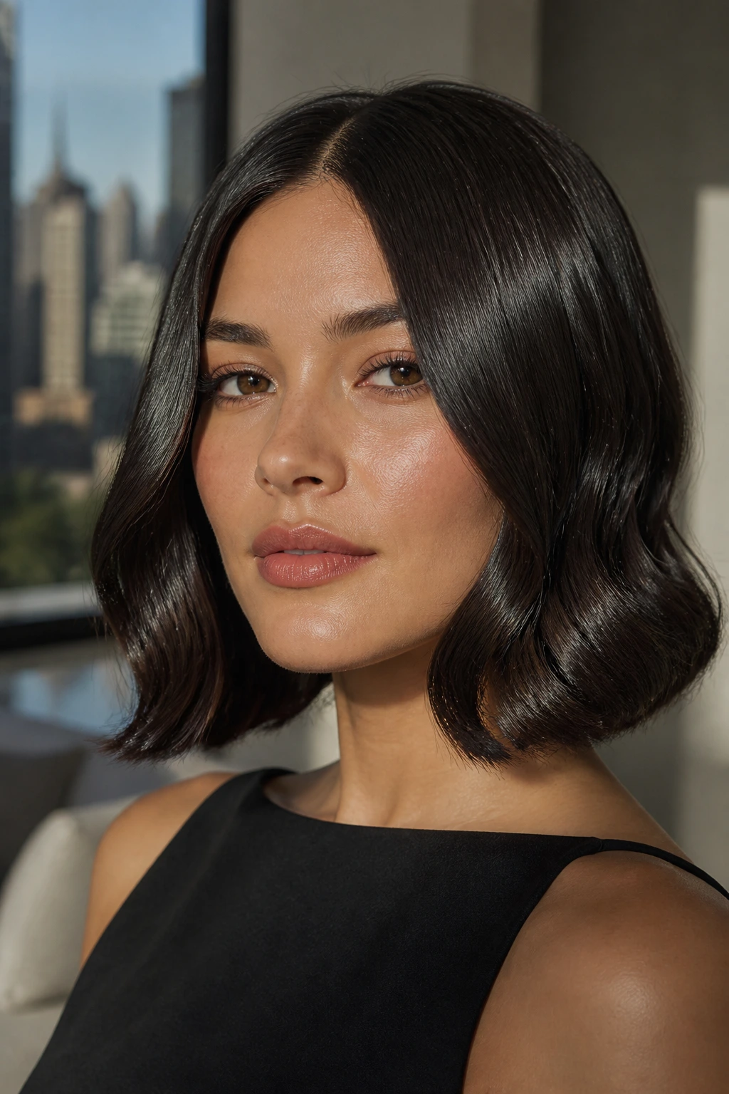Close-up of a real woman with a center-part glossy bend bob.