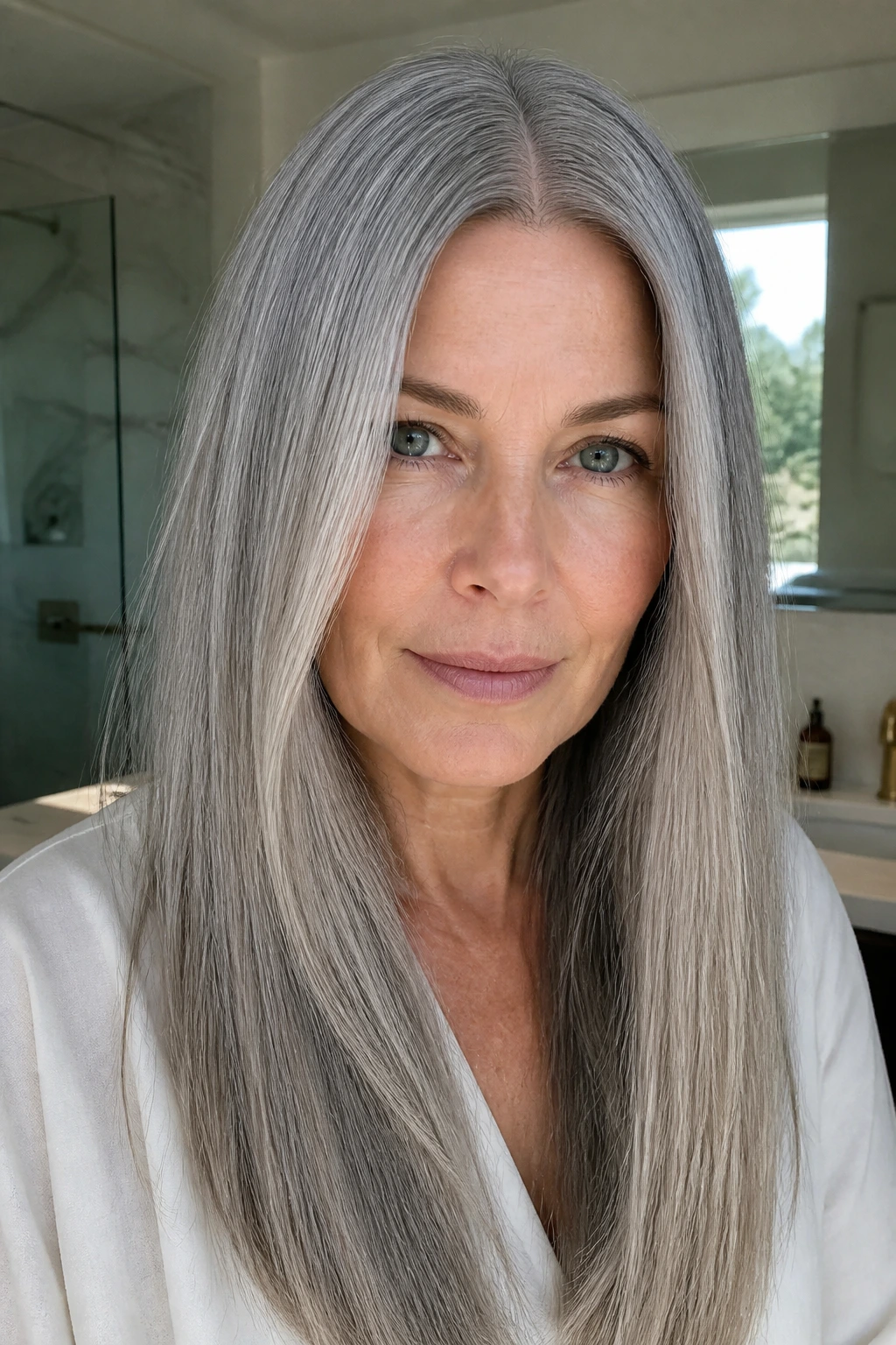 Close-up portrait of a person with long center-parted silver gray hair