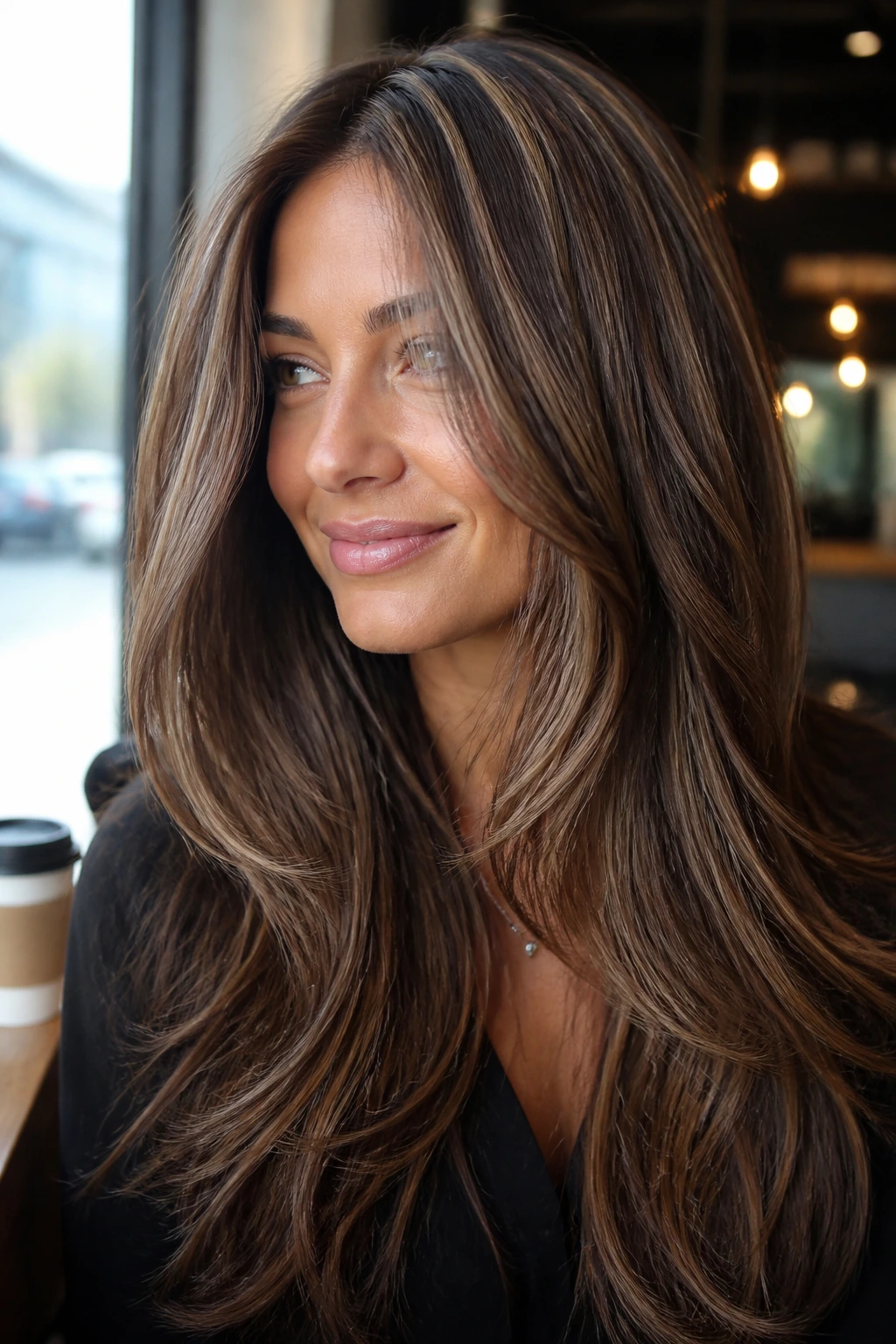 Medium close-up of long center-parted hair with ribboned chocolate lowlights