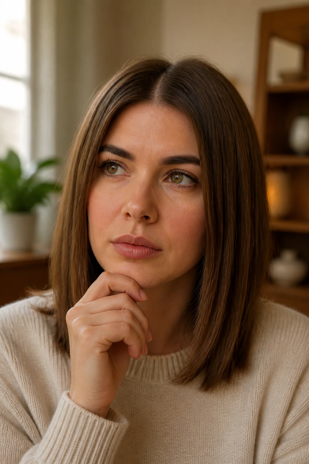Thoughtful portrait of a person with center-part straight hair