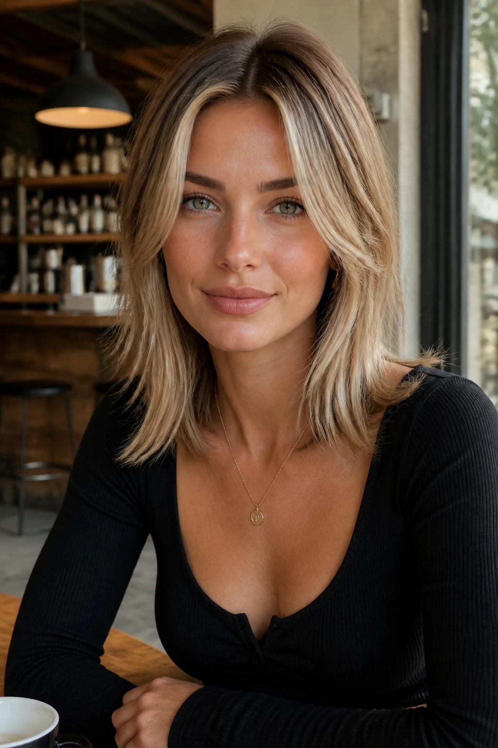 Portrait of a real person with center-parted face-framing layers in a cafe setting