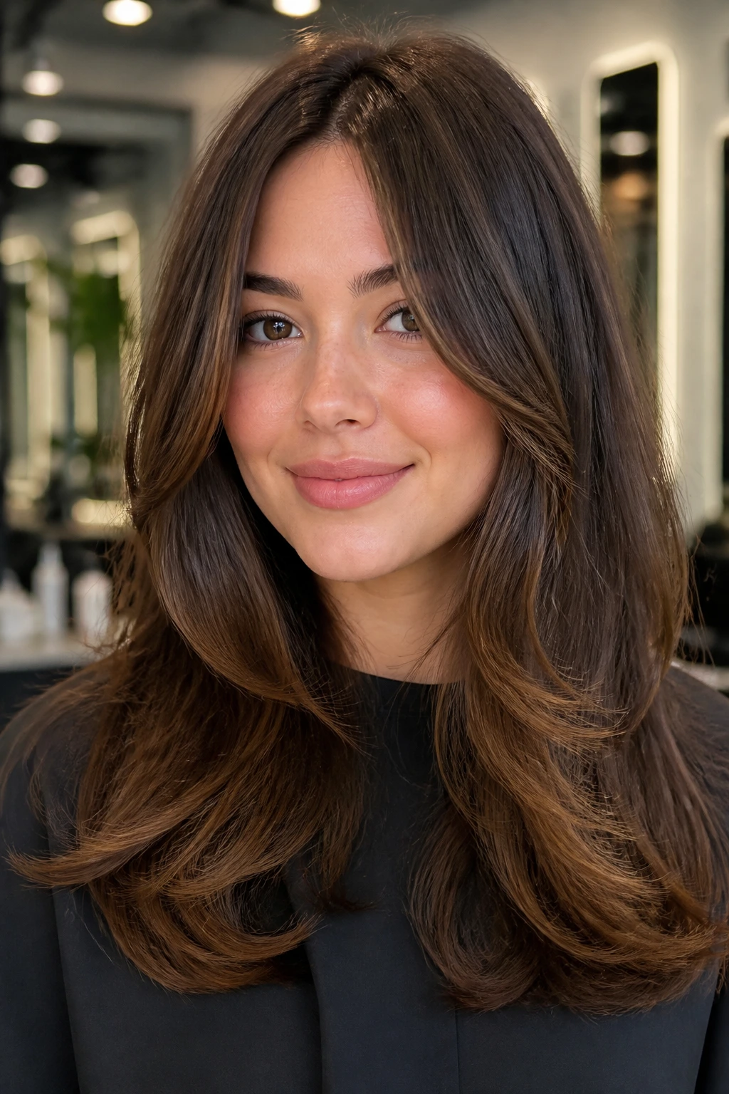 Real woman with soft center-part look, front pieces longer and open face