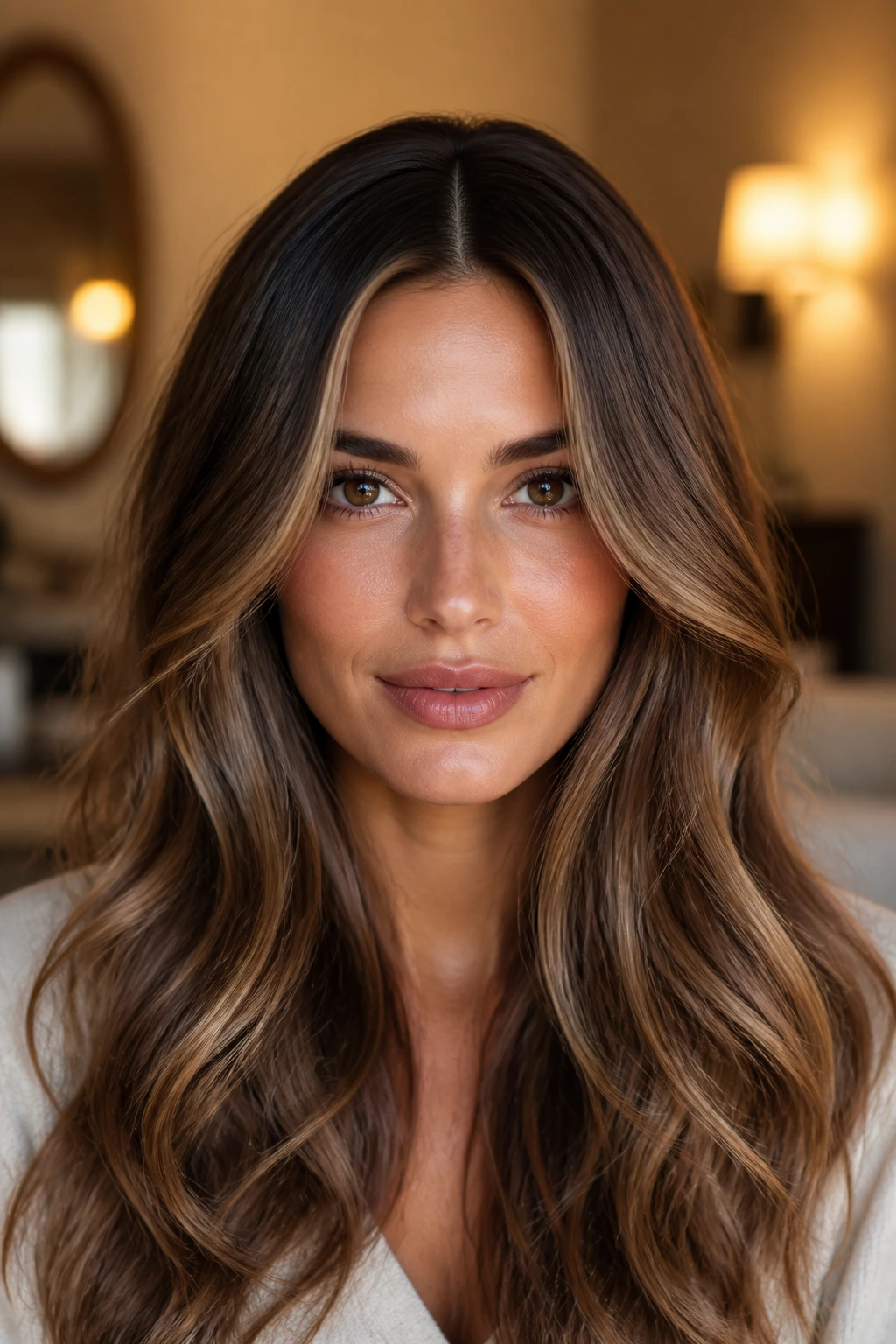 Portrait of a woman with a centered part and face-framing waves