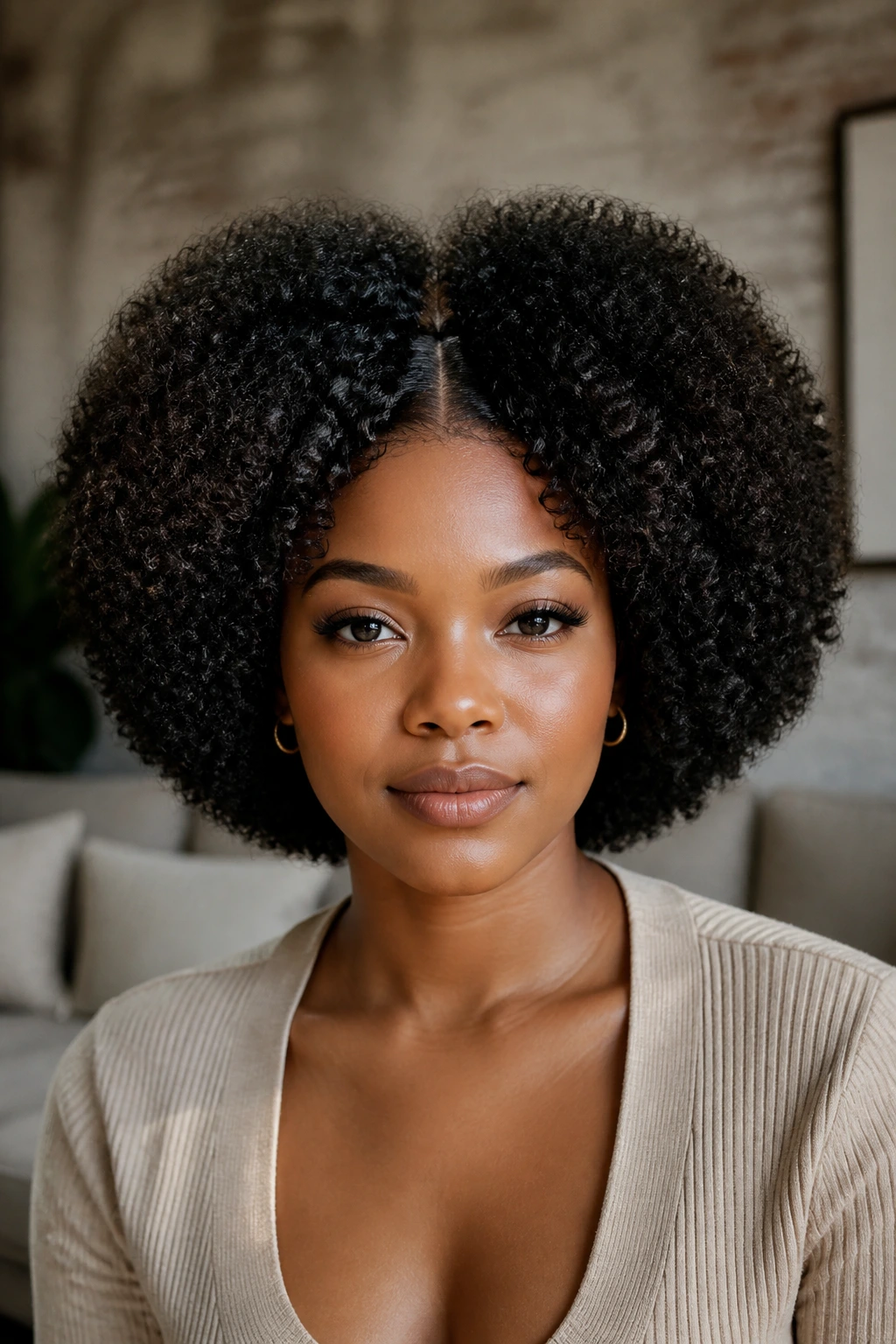 Real person with center-part halo fro height above ears