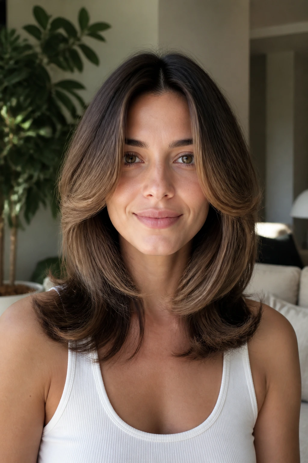 Real woman with center-part halo layers framing cheeks in bright window light