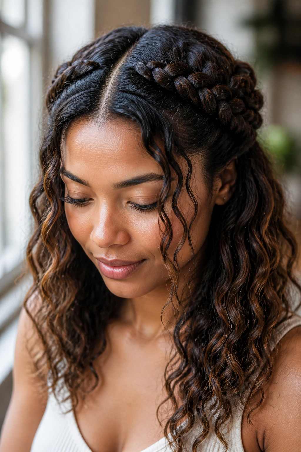Close-up portrait of a real person with a classic center-part halo and beachy waves
