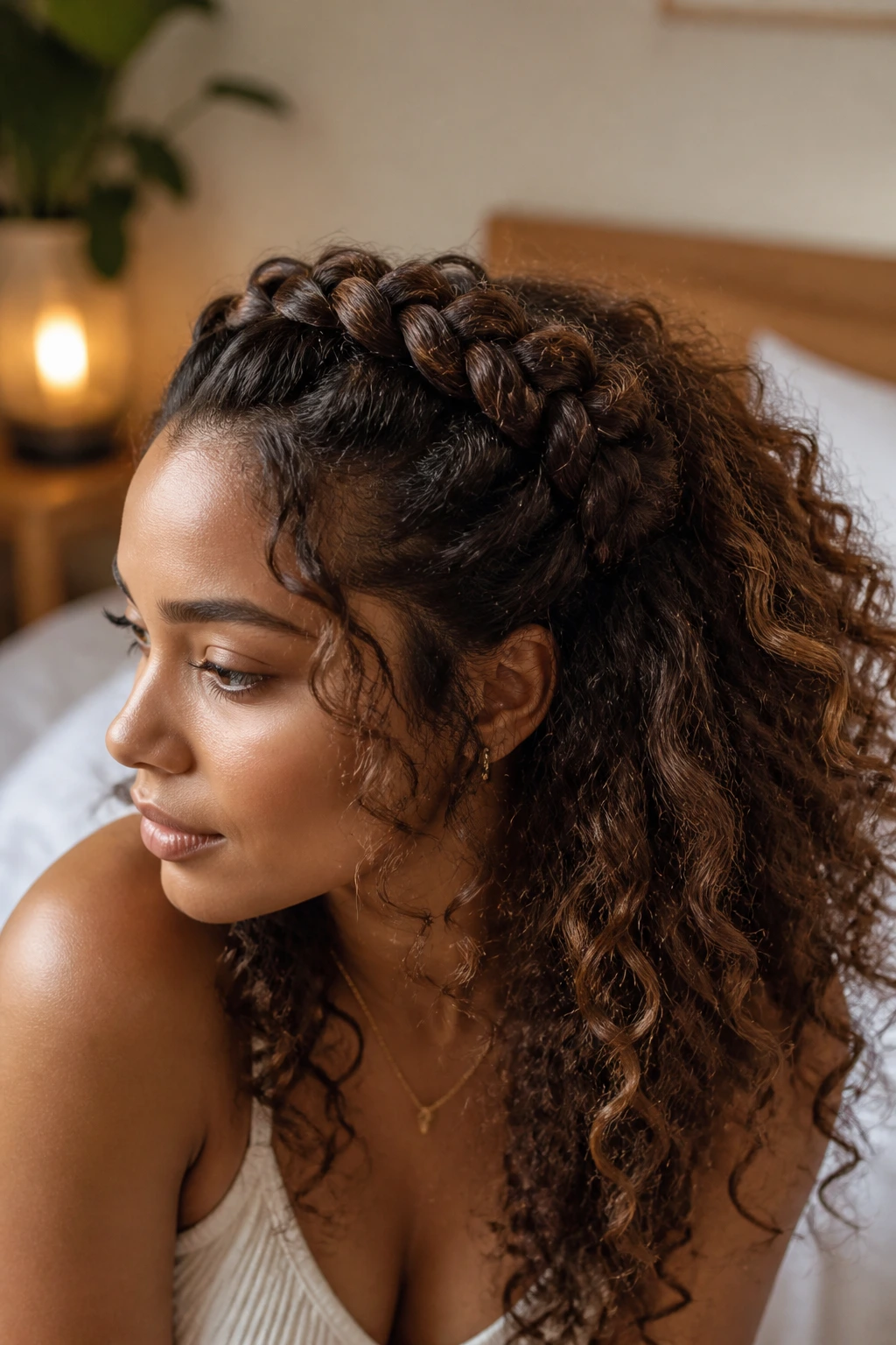 Close-up portrait of a real person wearing Dutch crown braids and beachy waves on natural hair