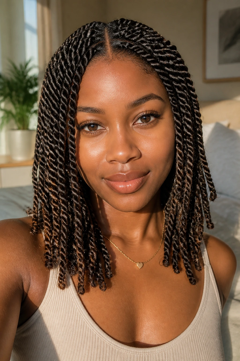 Close-up of a real person with center-part Havana twists around collarbone