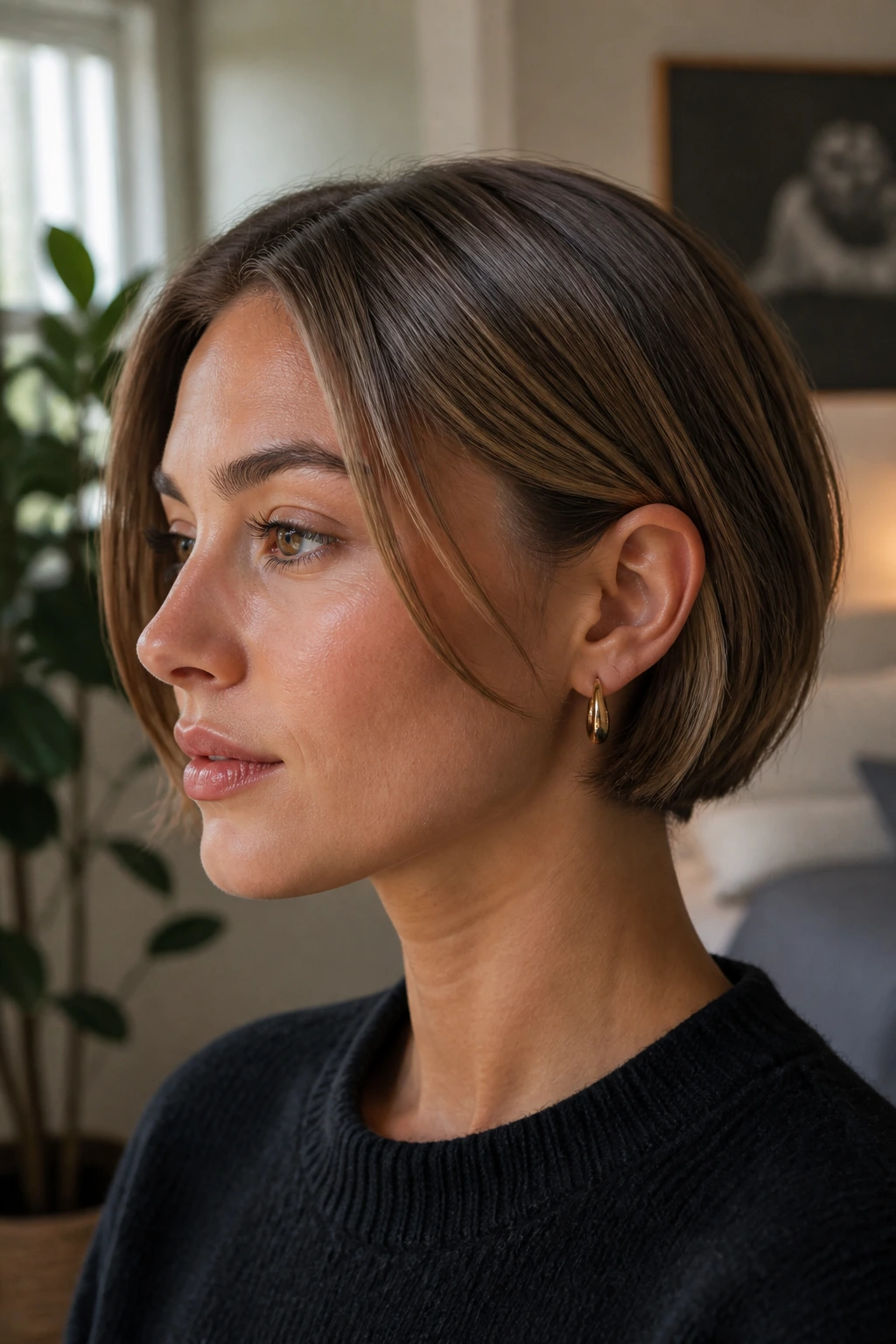 Profile of a woman with a center-parted bob showing a subtle bend at the cheekbone.