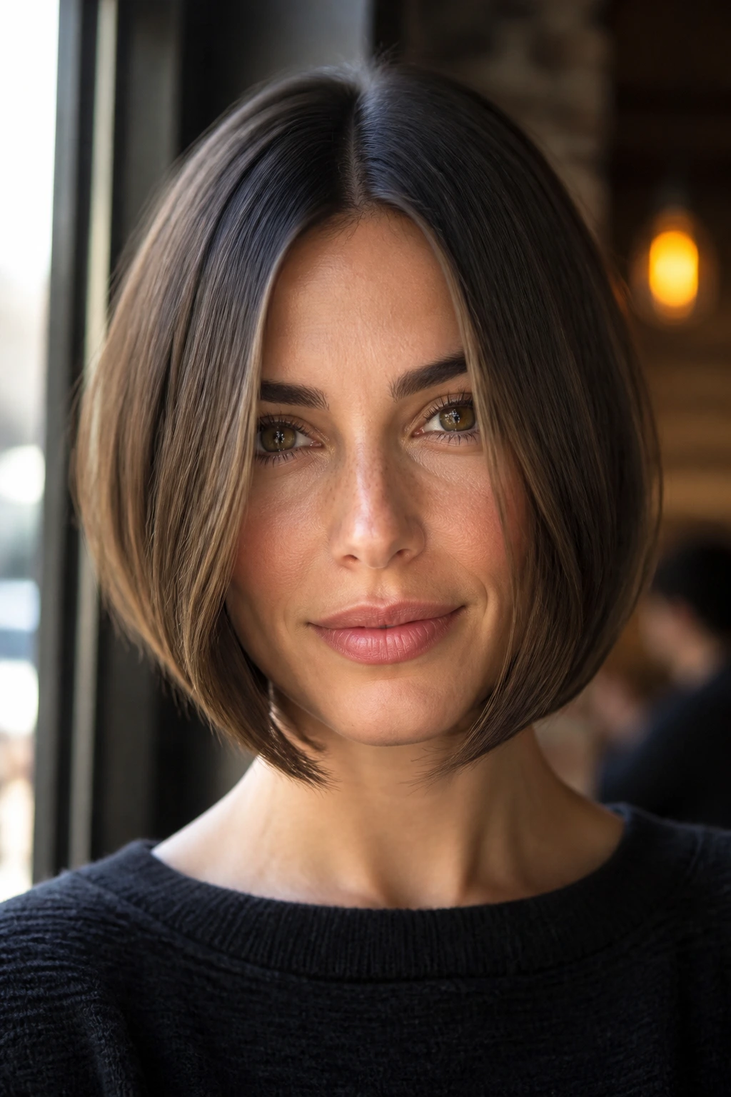 Close-up portrait of a real woman with a center-part inverted bob in soft daylight