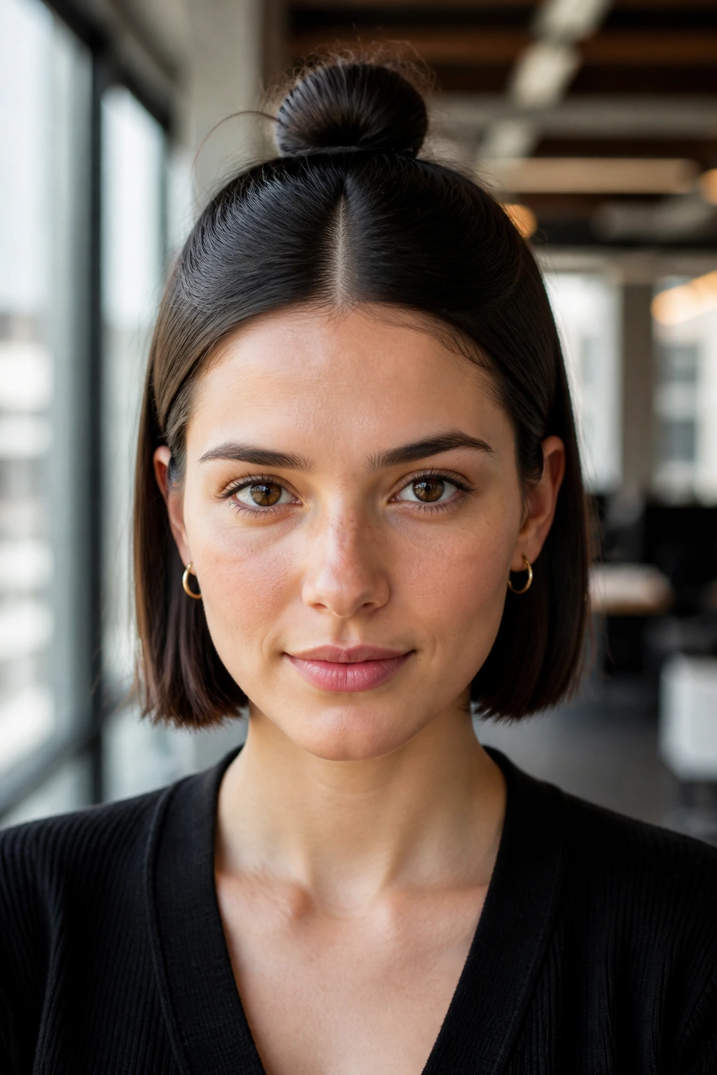 Sleek center-part knot on short hair with ends tucked.