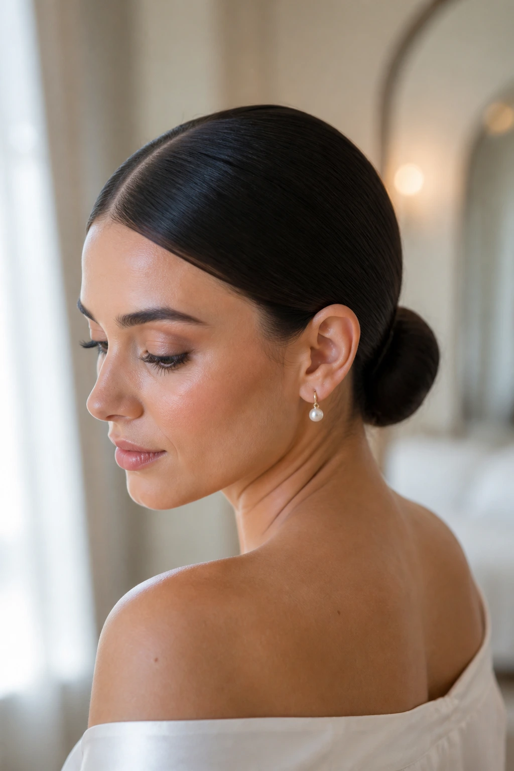 Portrait of a real woman with a sleek center-part and low knot hairstyle