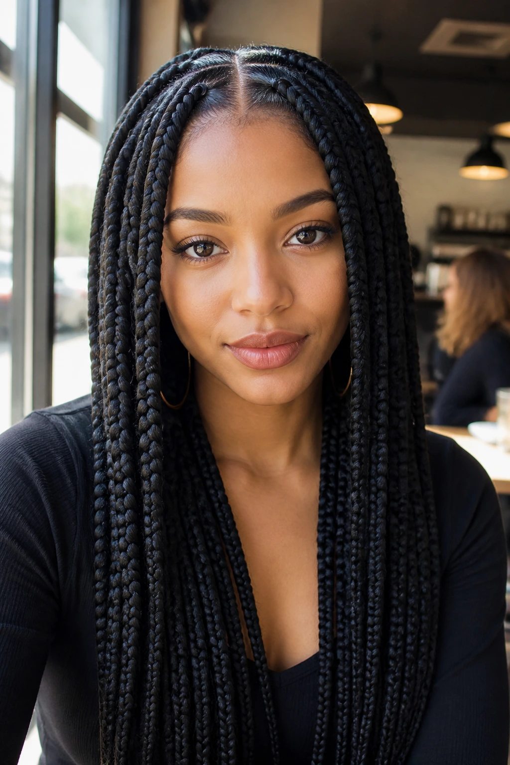 Center-part knotless jumbo braids on a real woman