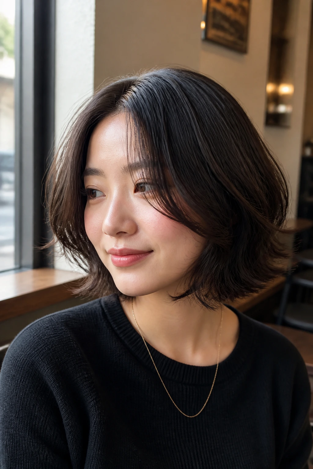 Real woman with center-parted layered bob showing front pieces near mouth