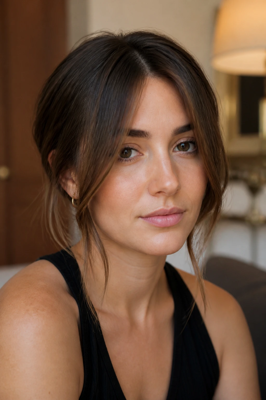 Portrait of a real woman with center-parted layered cut and face framing