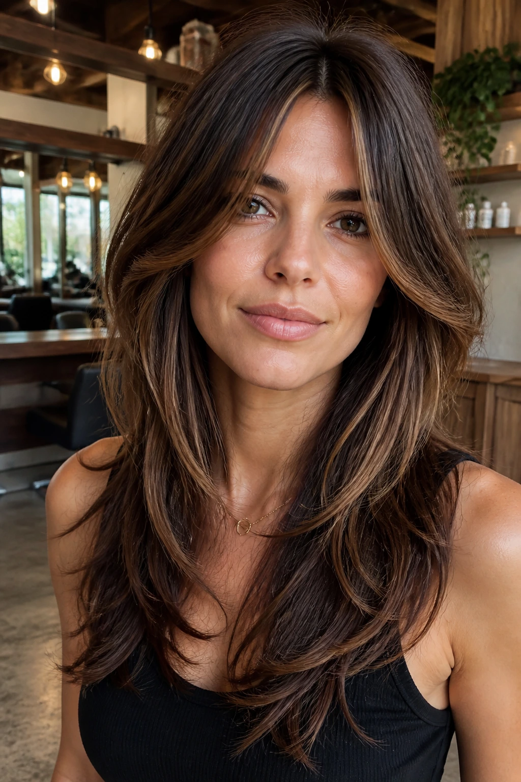 Real woman with center-parted layered shag and toffee slices in warm salon lighting